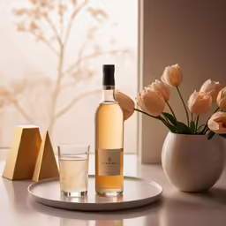 flowers sitting in vase on table with empty glass on tray