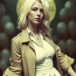a woman in white shirt and beige coat posing for a photo