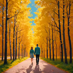 a man and a woman walk hand in hand down a road,a man and a woman walking down a tree lined road