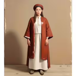 woman in brown and white robes standing with a white wall behind her