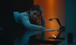 a woman leaning over a desk looking at an empty binder