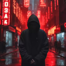 hooded man with hands folded on rainy street at night
