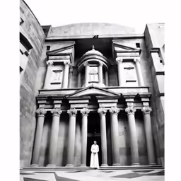 a black and white photo of a building with columns