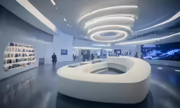 a circular room with people walking through it
