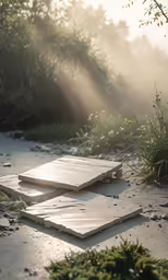 wooden boards on a dirty, damp surface, in the sun