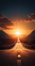 the sun rising behind some hills on the road