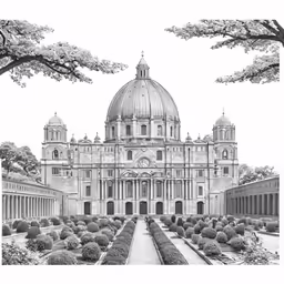 an illustration of the side view of a church in front of trees