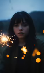 a woman holding a lit sparkler up to her face