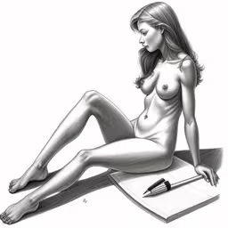drawing woman with pen, pencil and paper,a pencil drawing of a naked woman sitting