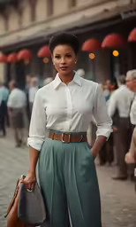a lady in green pants, shirt and a handbag standing on a sidewalk