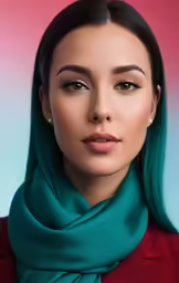 a woman with green hair wearing a red jacket