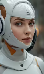 a model in a costume with ear phones on her head