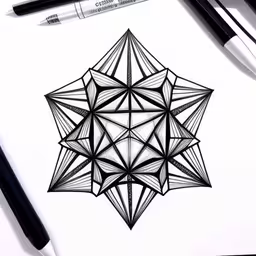 an artistic drawing of a geometrical object that is outlined in black and white,a drawing of a geometrical flower with several pieces of a triangle to the side,black and white drawing of a pen and some black markers,a drawing is shown with pens and ink,black and white drawing of an intricate geometrical star