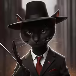 a black cat wearing a suit and a hat with a red tie holding a pair of scissors