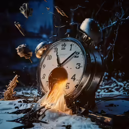 a clock with fire and pieces of glass around it