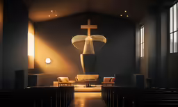 a cross is above the altar of a church