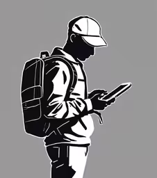 a graphic of a man walking while holding a folder,a man in a baseball cap looking at his tablet