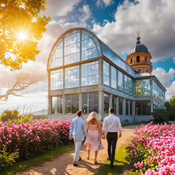 a couple walking together on a path with pink flowers