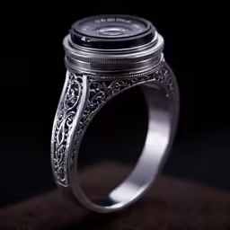 a fancy engagement ring with an engraved ring centering it