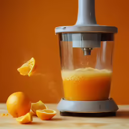 an orange peel is being squeezed into a juicer