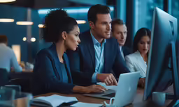 two business people looking at a computer screen and holding a keyboard
