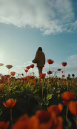 a person standing in a field of flowers