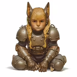 a statue of an evil cat wearing armor sits on the floor