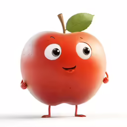 an angry apple character posing for a picture