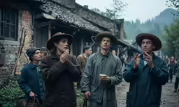 people standing outside an old city building with hands clasped up