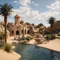 a house sits next to a small pool, surrounded by palm trees and vegetation