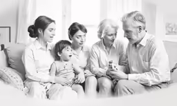 an old photo shows a man sitting in front of a family and a small child