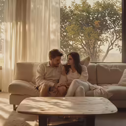 a man and woman sit on a couch