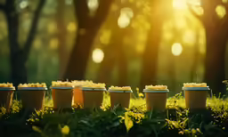 small pots filled with something next to some trees