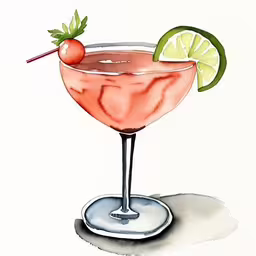 a watercolor painting of a bloody cocktail,a drawing of a red drink with a garnish on the rim