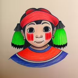 the drawing depicts a girl wearing red and green earrings,a drawing of a person with red and green hair