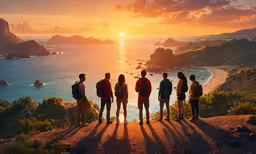 a group of people overlooking the ocean at sunset,four people standing near the water during sunset