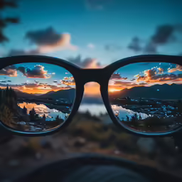 the reflection of a mountain sunset in a pair of sunglasses
