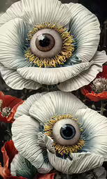 two white flowers with large blue eyes in the center