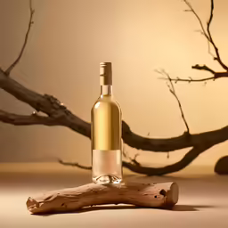 a glass bottle that is sitting on top of a piece of wood