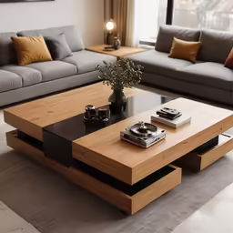 this living room has two sofas, a coffee table and a vase with flowers