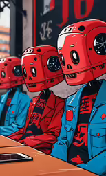 an image of some red and black robots in blue