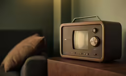 a small tv set sitting on top of a wood dresser
