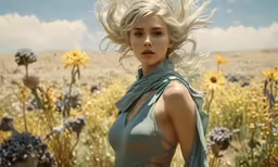 a woman with long hair in the sunflowers