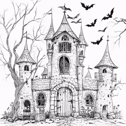 an ink drawing of a castle with bats flying in the background