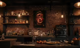 a kitchen is shown with art on the wall
