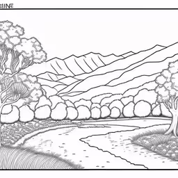 a black and white line drawing of trees by water,the mountain range drawing shows that you can see a lake in the distance