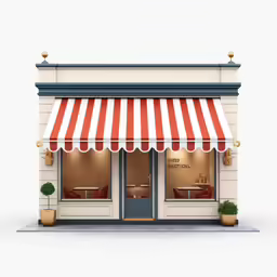 the front door of a business store with red and white striped awning