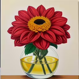 a painted of a sunflower in a small vase,a painting of a large flower in a vase,a painting of red flowers in a yellow glass vase,a painting with red flowers in a vase,a painting of a flower inside of a glass vase