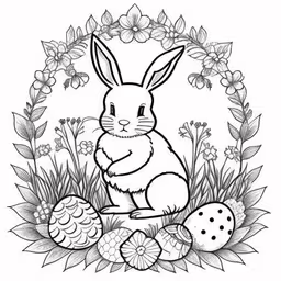 bunny and eggs coloring pages on a white background,a black and white rabbit sits in the flowers with eggs,a cute bunny with easter eggs and flowers,a rabbit sits in the grass surrounded by eggs,the rabbit and eggs with flowers
