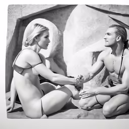 an attractive blonde in a sexy bathing suit touches her hand